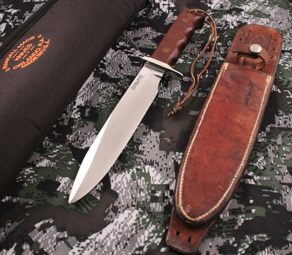 Randall Knife Model 16, double SS, brown micarta with two filled